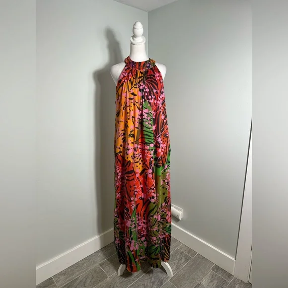 Roopa Pemmaraju X Anthropologie Floral Maxi Halter Beaded Colorful Dress Size XL - Picture 3 of 17
